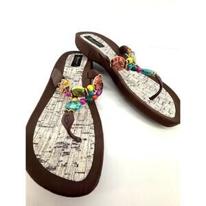 Grandco Jeweled Wedge Flip Flops Boho Colorful Beaded Cork Look Sandals 11
